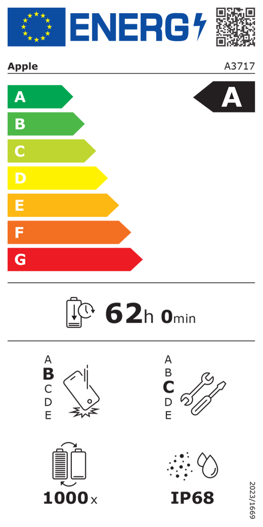 EU-energimærke, QR-kode og information, Apple-model A3717, klasse A, energieffektivitetsklasser (med en skala fra A til G), A (mest effektiv) til G (mindst effektiv), batteriholdbarhed pr. cyklus: 62 timer og 0 minutter pr. fuld batteriopladning, klasse B for holdbarhed ved gentagne frie fald, A (mest robust) til E (mindst robust), klasse C for reparerbarhed, A (mest reparerbar) til E (mindst reparerbar), batteriholdbarhed på 1000 cyklusser, IP-klassificering for støv- og vandbeskyttelse: IP68, forordning 2023/1669.