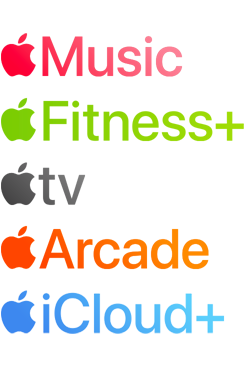 Loghi dei servizi Apple che richiedono un abbonamento, tra cui Apple Music, Apple TV+, Apple Arcade, iCloud+