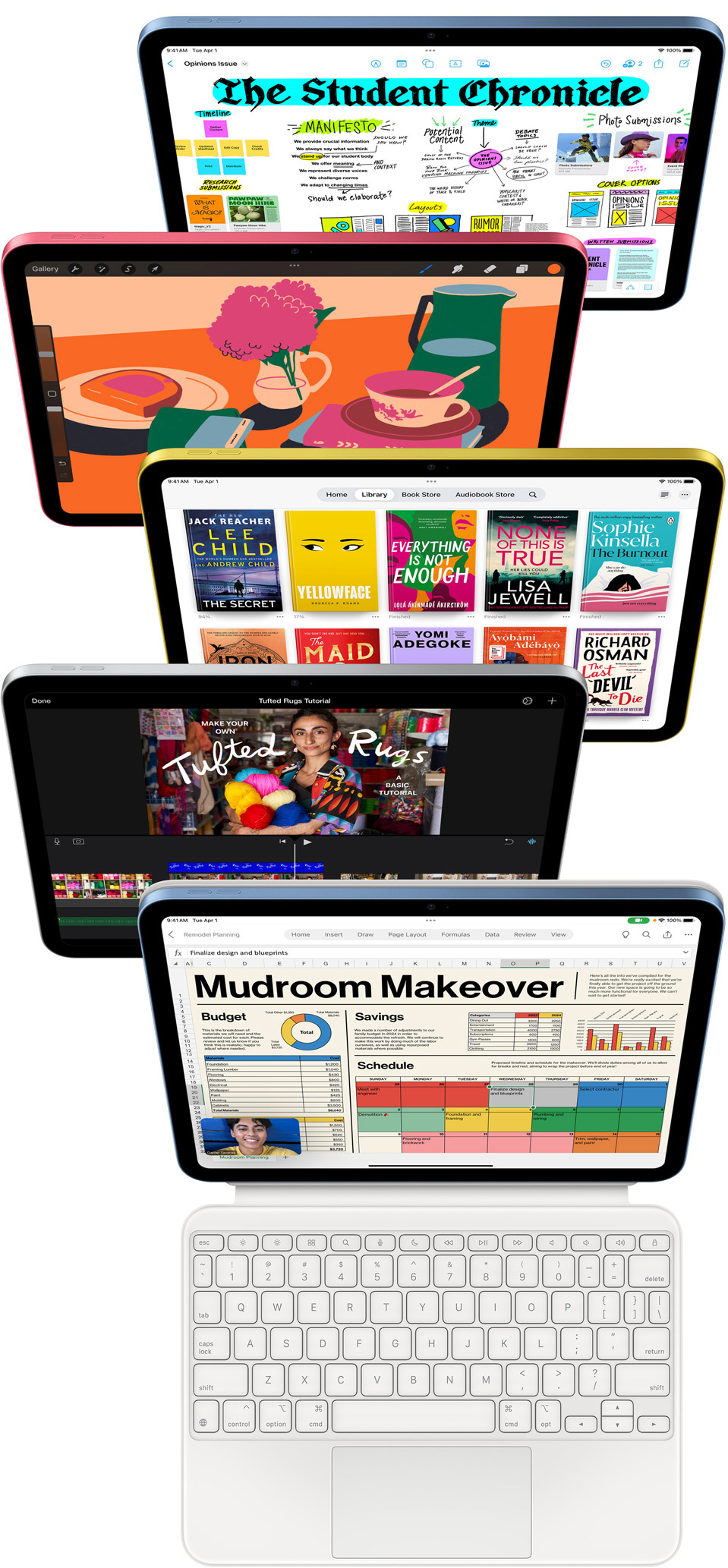 Vista frontal de ecrãs de iPad a mostrar várias apps, incluindo Freeform, ProCreate, Books, iMovie e Microsoft Excel com Webex Meetings.