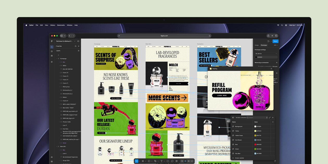 Studio Display, Benutzeroberfläche der Figma App, Arbeitsfläche mit verschiedenen digitalen Designs