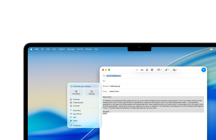 Écran d’un MacBook Air affichant les Outils d’écriture d’Apple Intelligence utilisés pour rédiger un e-mail