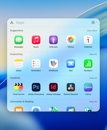 Menu de navegação do Spotlight a mostrar apps com filtros de categoria: Utilitários, Social, Produtividade e Finanças, Entretenimento e Informação e Leitura.