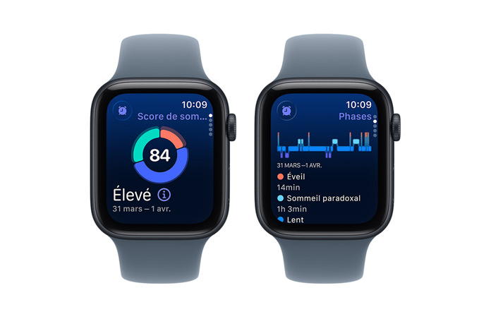 Apple Watch SE 3, score de sommeil, graphique circulaire et score, analyse Phases du sommeil avec les phases Éveil, Paradoxal, Lent et Profond