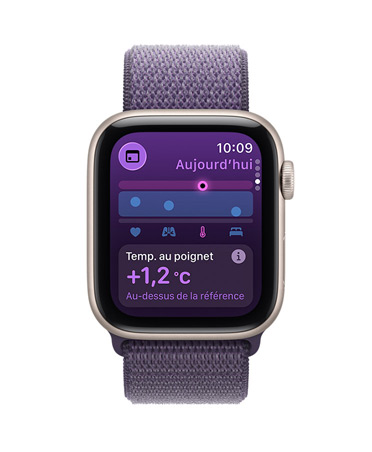 Apple Watch SE 3, boîtier en aluminium, lumière stellaire, app Signes vitaux, tableau des scores de santé, notification de valeurs anormales des signes vitaux nocturnes, côté droit, Digital Crown, Boucle Sport, brume violette