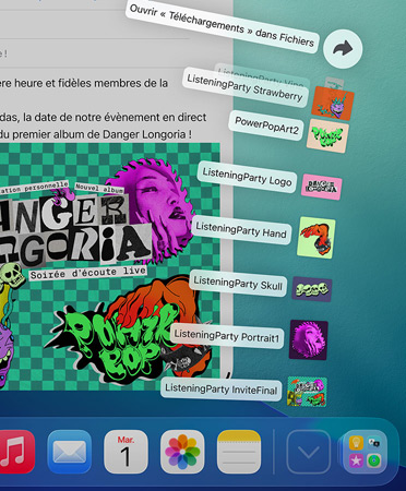 Gros plan du Dock en bas avec une série de fichiers qui sortent verticalement du Dock