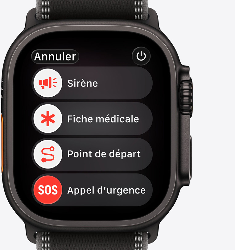 Apple Watch Ultra 3, titanium case, black color, emergency assistance options onscreen: siren, medical ID, compass backtrack, emergency call