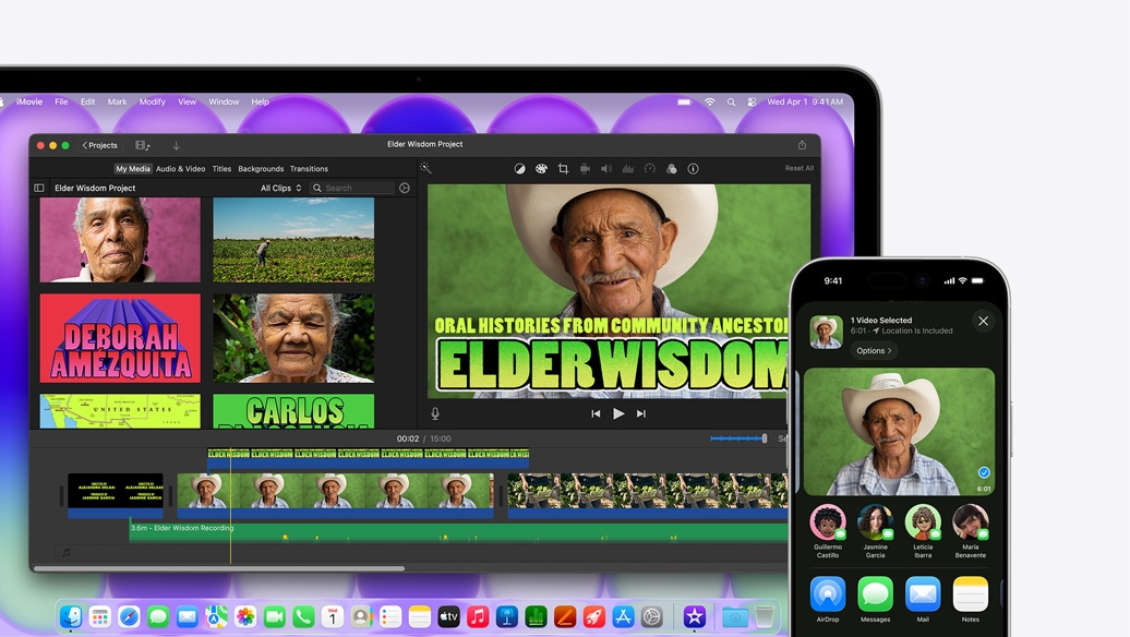 MacBook Neo, σε ασημί χρώμα, με παράθυρο iMovie με τίτλο Elder Wisdom Project, δίπλα σε iPhone που προβάλλει βίντεο ενός από τα άτομα που εμφανίζονται στο παράθυρο iMovie, κάτω από το βίντεο υπάρχει μια λίστα επιλογών κοινής χρήσης, συμπεριλαμβανομένου του AirDrop
