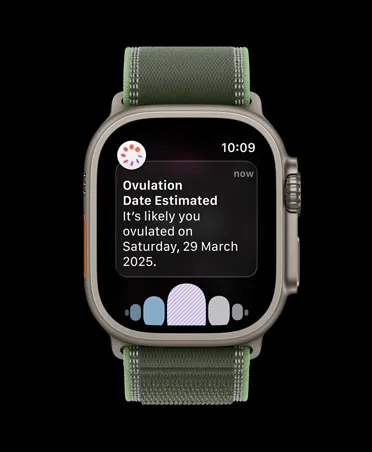 Apple Watch Ultra 3, natural titanium case, ovulation date estimation notification from Cycle Tracking in Health app, Trail Loop, green/neon color