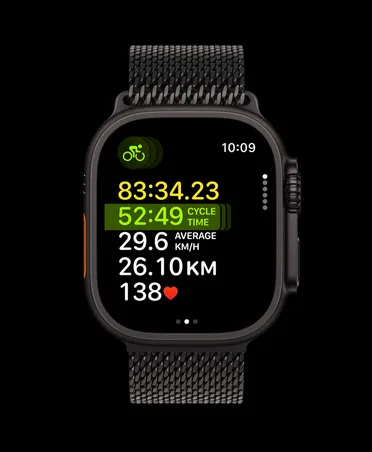 Apple Watch Ultra 3, black color, titanium case, Multisport workout, band, black Milanese Loop