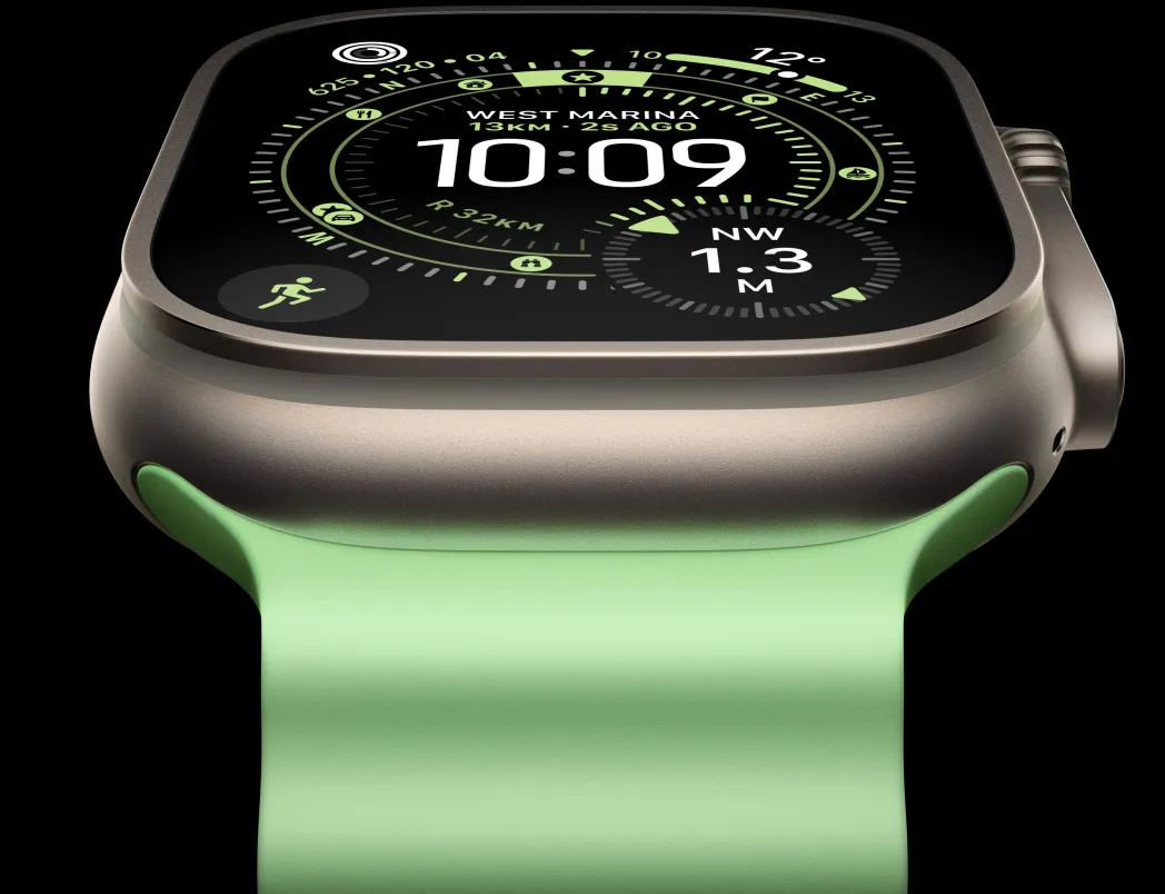 Apple Watch Ultra 3,  titanium case, natural color, compass on Orienteering watch face, Ocean Band, neon green color