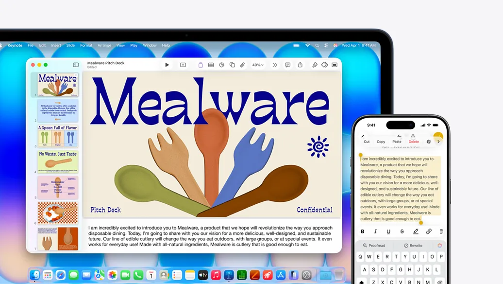 MacBook Neo, indigo color, Keynote document onscreen with pitch deck for a product line, next to iPhone showing text selected in Notes app