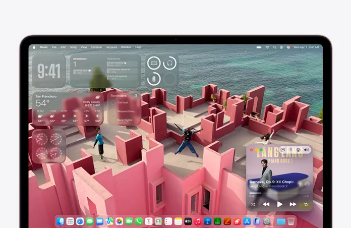 MacBook Neo screen customized with desktop background of a seaside rooftop patio and various widgets like Music, Calendar, Weather, and Reminders