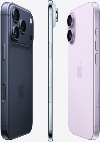 The camera-side of iPhone 16e in White, iPhone 16 in Ultramarine, and iPhone 16 Pro in Desert Titanium in layered pattern, and lock screen of a iPhone 16 Pro in Desert Titanium