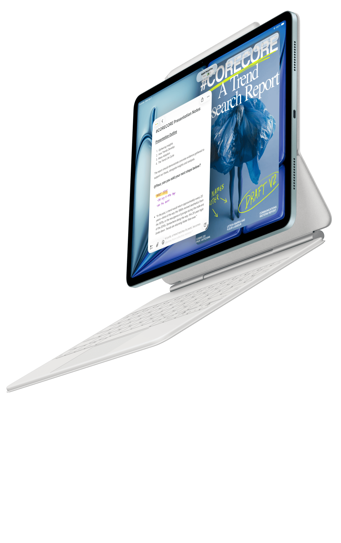 iPad Air egy iPad Airhez készült Magic Keyboardhoz és egy Apple Pencil Próhoz rögzítve