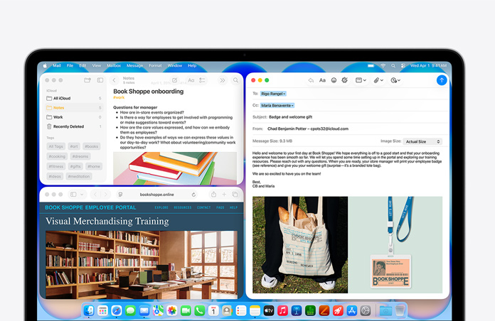 MacBook Neo indigószínben, a kijelzőn egy könyvesbolt új munkatársának szóló üdvözlő e-mail látható. Más ablakokban egy Jegyzetek-dokumentum látszik a munkakezdési tudnivalókról, illetve a könyvesbolt munkatársaknak szóló portálja a Safariban.