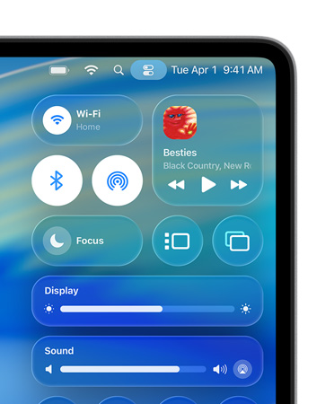 Egy Mac kijelzőjének jobb oldalán egyedi Liquid Glass-vezérlők a Vezérlőközpontban, például a Wi‑Fi és a Bluetooth