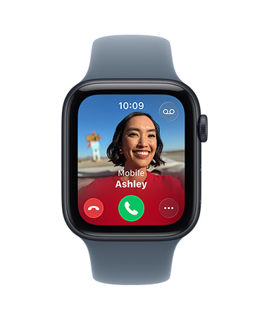 Apple Watch SE 3, casing aluminium, warna biru temaram, panggilan masuk, foto kontak, tombol terima dan tolak panggilan, eksterior sisi kanan, Digital Crown, Tali Jam Sport, warna ungu kabut