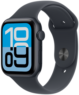 Apple Watch SE 3, casing aluminium, warna biru temaram, wajah jam Fluks, eksterior sisi kanan, Digital Crown, mikrofon, tombol samping, Tali Jam Sport Biru Temaram, pengait pasang dan selipkan (pin-and-tuck) warna perak