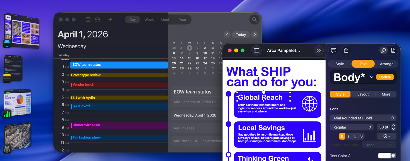 Beberapa aplikasi yang terbuka di layar termasuk Kalender atau Pages. Di sisi kiri terdapat berbagai aplikasi iOS lainnya.