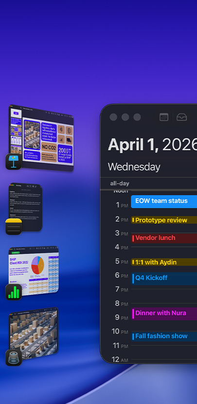 Berbagai aplikasi iOS yang ditampilkan di desktop, termasuk aplikasi Kalender yang terlihat paling jelas. Kalender memperlihatkan jadwal pada hari itu.