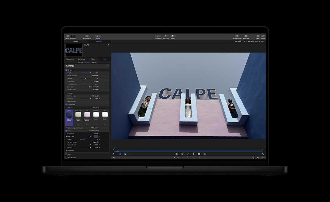 MacBook Pro 16, seorang perempuan mengenakan gaun bergaris hijau dan kuning dengan latar belakang merah, demonstrasi judul 3D