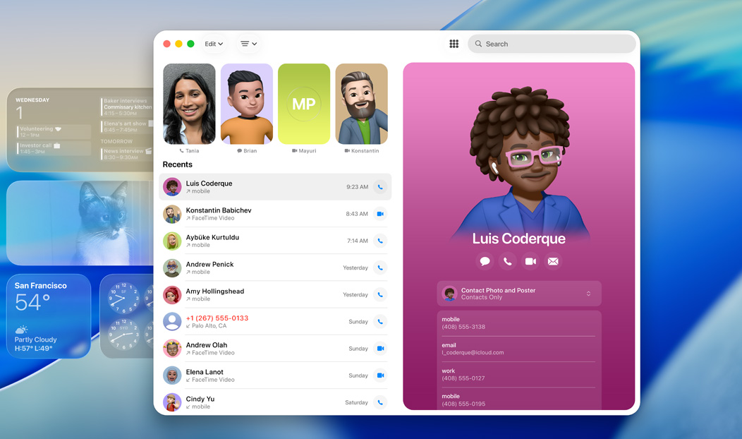 MacBook Pro, aplikasi Telepon terbuka, sebuah kontak ditampilkan dari panggilan terbaru