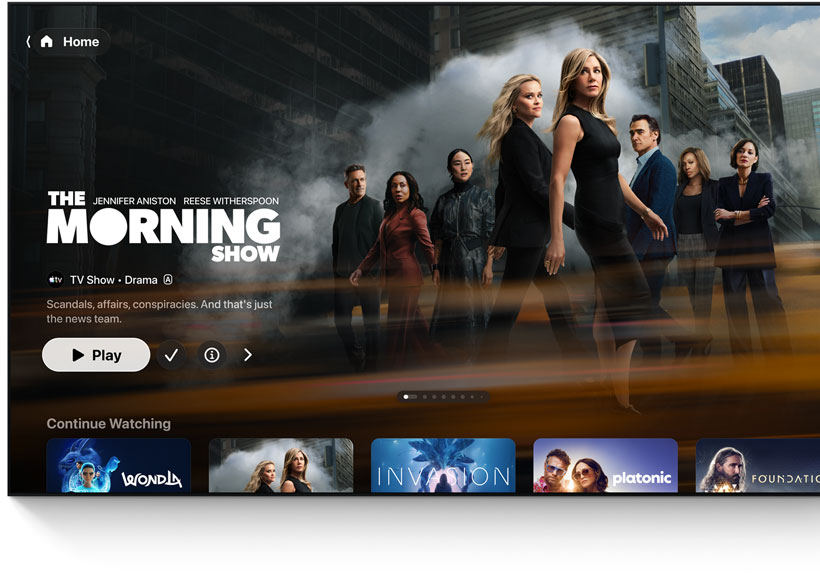 A flatscreen television showing the Apple TV app's homescreen UI