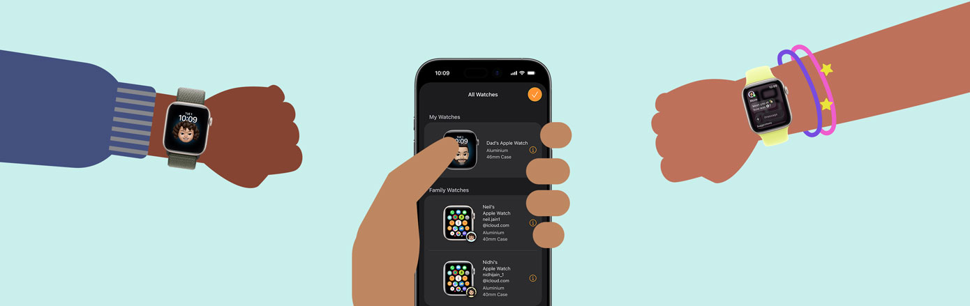 Illustration of two children's wrists wearing Apple Watch SE 3, adult hand holding an iPhone 17