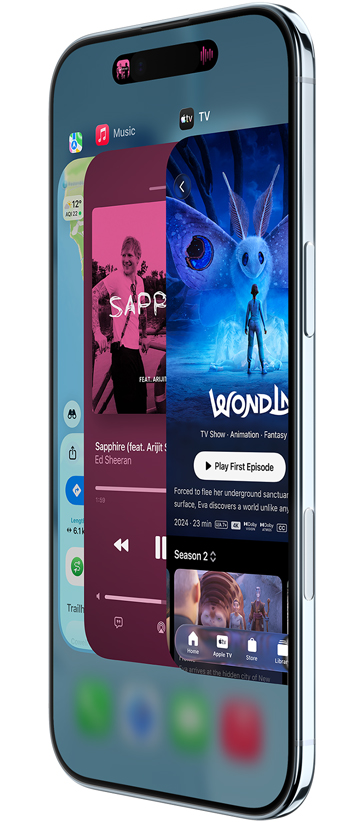 iPhone Air, front exterior, side exterior, with Maps, Music and Apple TV apps, showcasing the App Switcher feature in use