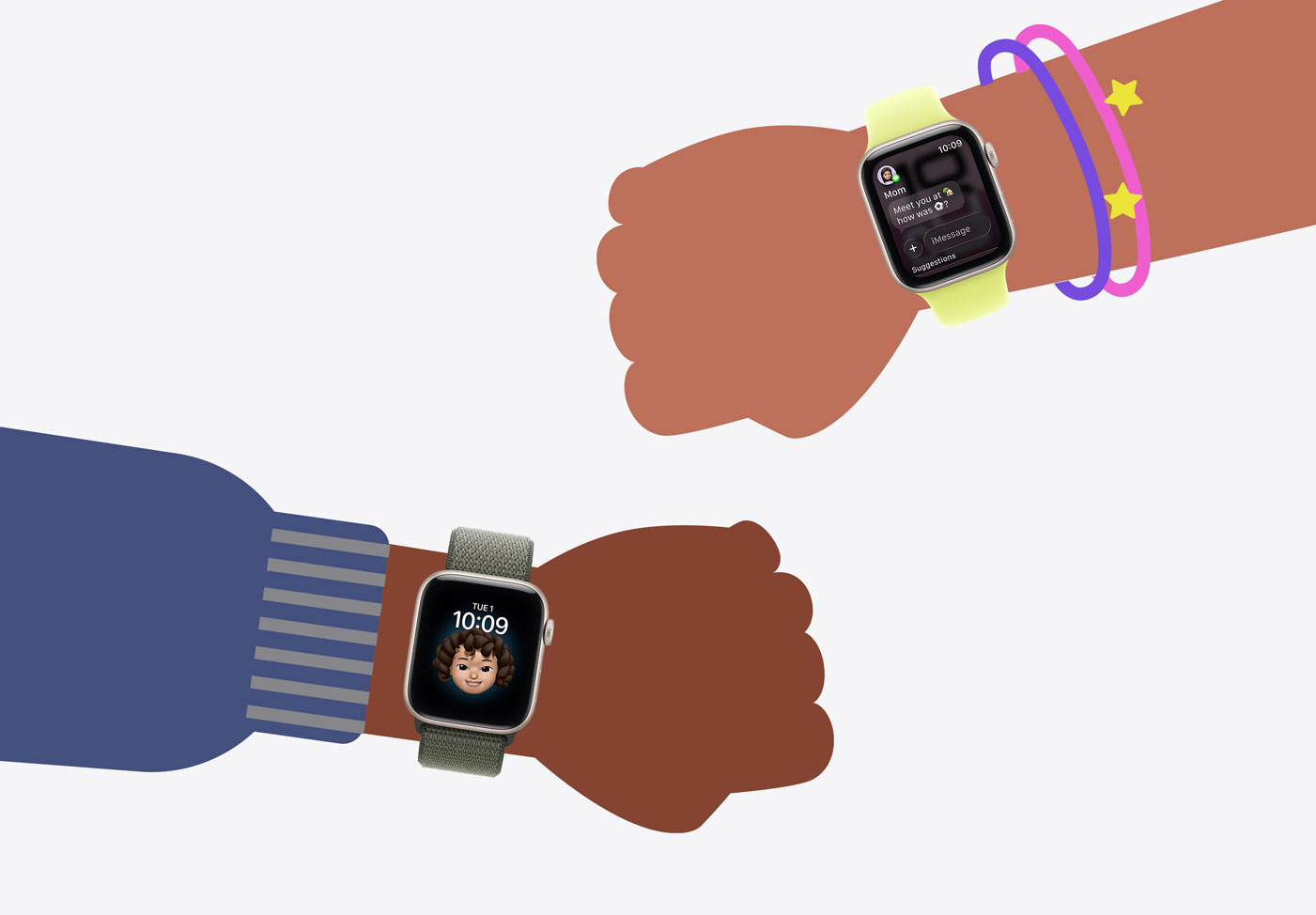 Apple Watch For Your Kids, cartoon illustrations of kids' wrists wearing Apple Watch SE 3