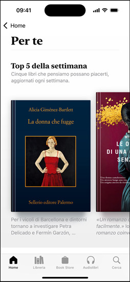 Il display di un iPhone che mostra la sezione “Per te” nell’app Libri. Viene mostrata la Top 5 settimanale