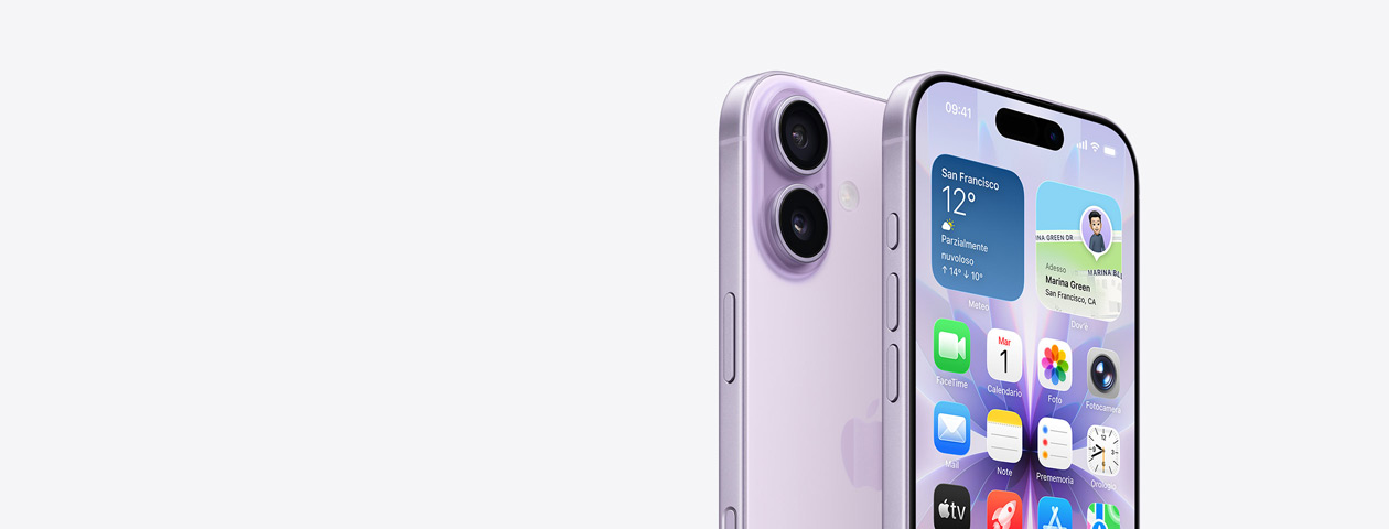 Due iPhone 17 lavanda, uno mostrato di fronte con una parte della schermata Home in evidenza, e sul lato il tasto Azione e i tasti del volume. L'altro mostrato da dietro con il sistema a doppia fotocamera Fusion in alto a sinistra e il tasto del Controllo fotocamera