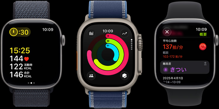 3つのApple Watchのデバイス。ワークアウトの測定値、アクティビティリング、ワークアウト後の詳しい情報が画面に表示されている