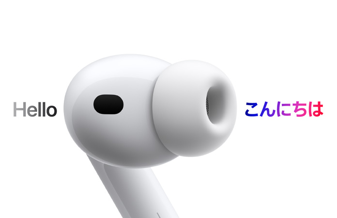 英語から日本語へのライブ翻訳を示しているAirPods Pro 3のイヤーバッド