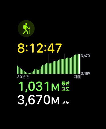 하이킹 운동 카드에 표시된 수치: 시간, 고도