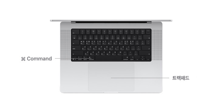 Command 키 버튼과 트랙패드 위치를 나타내는 선이 표시된 MacBook Pro 14를 위에서 내려다본 모습.