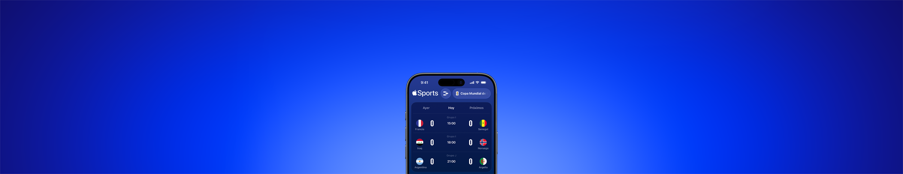 App Apple Sports en un iPhone que muestra los partidos del día de la Copa Mundial de la FIFA 2026, pestaña Hoy seleccionada