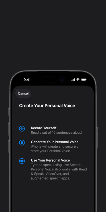 iPhone 17 Pro screen showing Personal Voice feature with instructions on how to create your Personal Voice