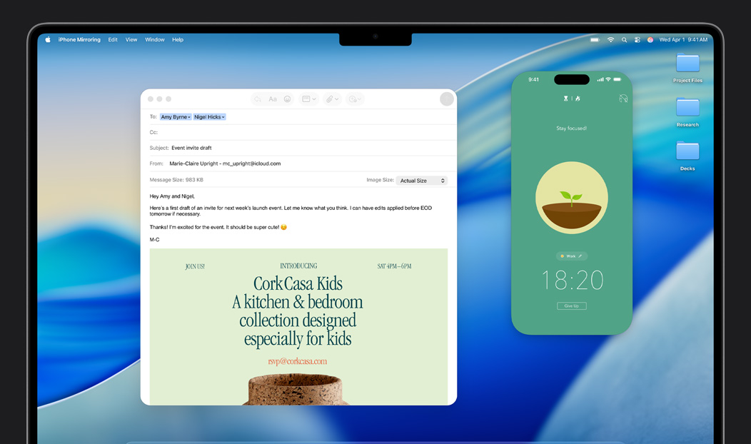 MacBook Pro, Mail app open, iPhone screen mirrored on MacBook Pro screen shows Forest app