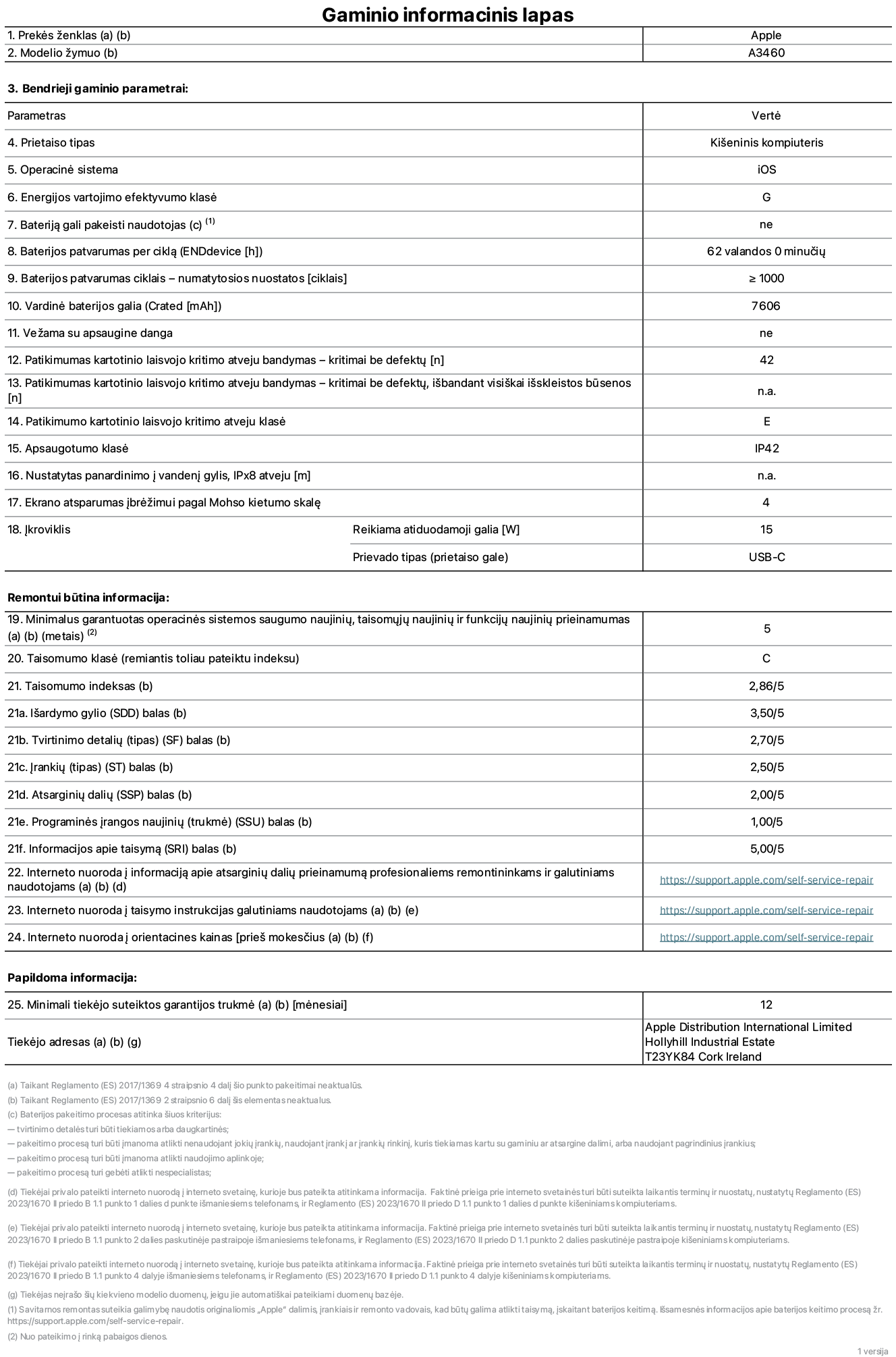 Gaminio informacijos lapas, 11 colių „iPad Air  Wi-Fi + Cellular“, modelis A3460. Pateikė „Apple Distribution International Limited“, „Hollyhill Industrial Estate“. Korkas, Airija, T23 YK84. Prietaiso tipas: planšetinis kompiuteris. Operacinė sistema: „iOS“. Energijos vartojimo efektyvumo klasė: G. Bateriją gali pakeisti naudotojas: ne. Baterijos patvarumas per ciklą: 62 valandos. Baterijos veikimo trukmė ciklais – numatytieji nustatymai: daugiau arba lygu 1 000. Nominalioji baterijos talpa: 7 606 mAh. Vežama su apsaugine danga: ne. Patikimumo kartotinio laisvojo kritimo atveju testas – kritimai be defektų: didesnis arba lygus 42. Patikimumo kartotinio laisvojo kritimo atveju testas – kritimai be defektų, išbandant visiškai išskleistos būsenos: netaikoma. Patikimumo kartotinio laisvojo kritimo atveju klasė: E. Apsaugos klasė: IP42. Nustatytas panardinimo į vandenį gylis, iPx8 atveju: netaikoma. Ekrano atsparumas įbrėžimui pagal Moso kietumo skalę: 4. Krovikliui reikalinga atiduodamoji galia: 15 vatų. Kroviklio prievado tipas (prietaiso gale): USB-C. Minimalus garantuotas operacinės sistemos saugumo naujinių, taisomųjų naujinių ir funkcijų naujinių prieinamumas: 5 metai. Taisomumo klasė: C. Taisomumo indeksas: 2,86/5. Išardymo gylio (SDD) balas: 3,50/5. Tvirtinimo detalių balas: 2,70/5. Įrankių balas: 2,50/5. Atsarginių dalių balas: 2,00/5. Programinės įrangos naujinių balas: 1,00/5. Informacijos apie taisymą balas: 5,00/5. Interneto nuoroda į informaciją apie atsarginių dalių prieinamumą profesionaliems remontininkams ir galutiniams naudotojams: https://support.apple.com/self-service-repair. Interneto nuoroda į taisymo instrukcijas galutiniams naudotojams: https://support.apple.com/self-service-repair. Nuoroda į orientacines kainas prieš mokesčius: https://support.apple.com/self-service-repair. Siūloma 12 mėnesių bendroji garantija.