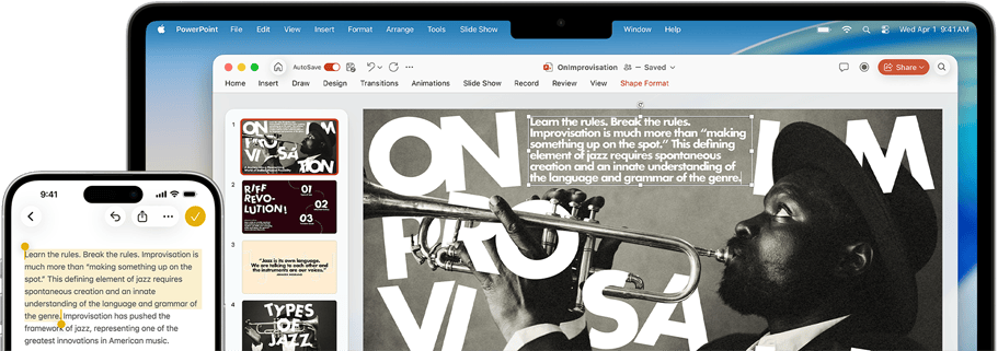 „iPhone 16 Plus“ ekranas, kuriame rodomas programoje „Pastabos“ paryškintas tekstas, „MacBook Air“ su atidaryta „Keynote“ skaidre, tekstas iš programos „Pastabos“ rodomas skaidrėje
