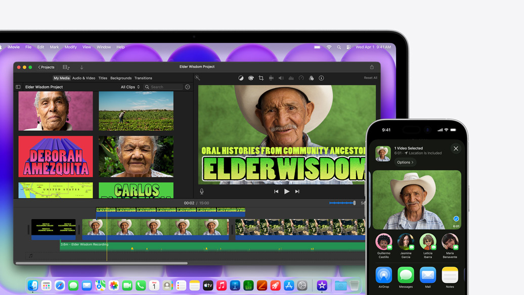 MacBook Neo, couleur argent, affichant une fenêtre iMovie intitulée Elder Wisdom Project, à côté d’un iPhone affichant la vidéo de l’une des personnes présentes dans la fenêtre iMovie, sous la vidéo se trouve une liste d’options de partage, dont AirDrop