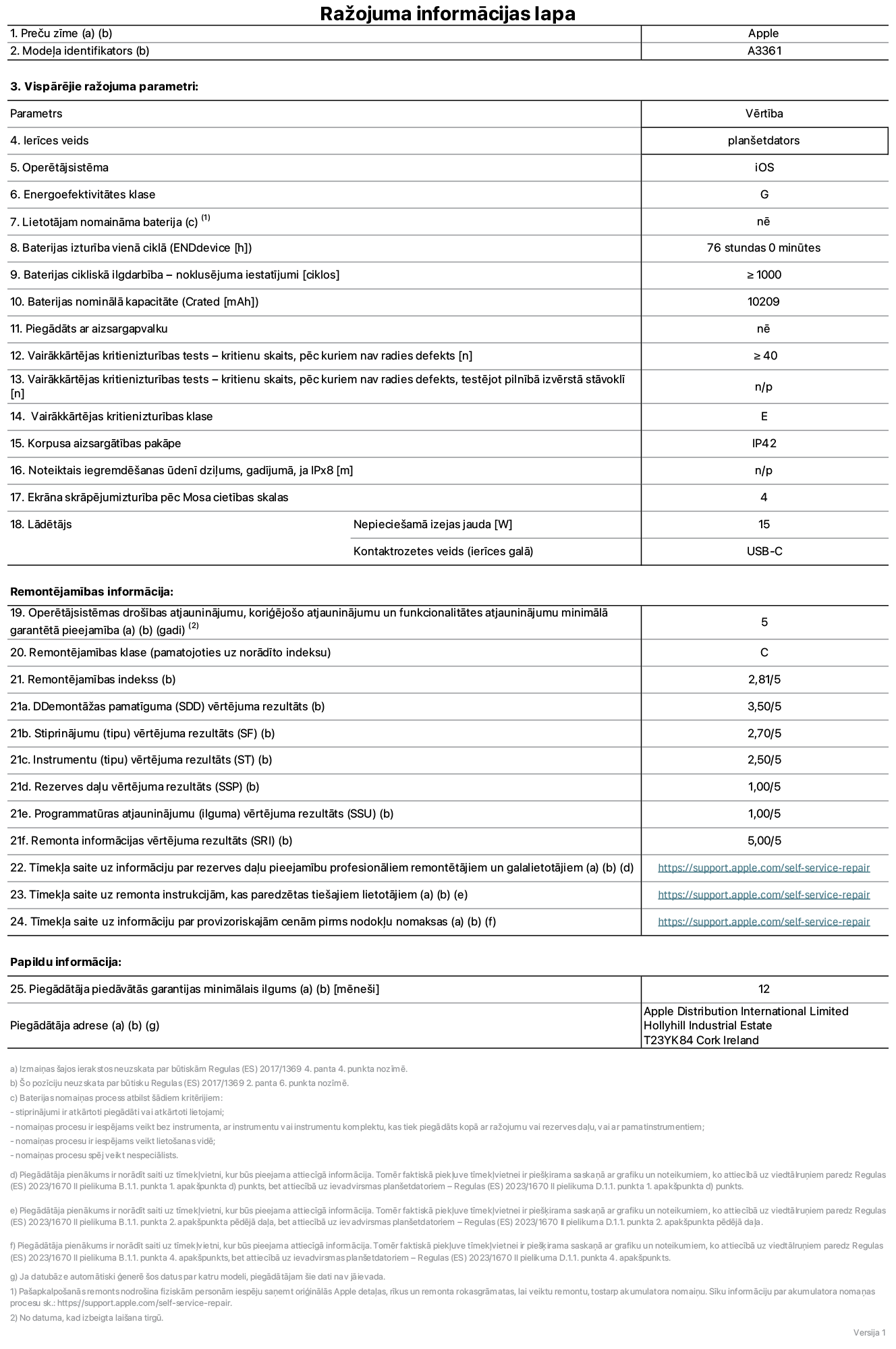 Produkta informācijas lapa – 13 collu iPad Pro M5 Wi-Fi + Cellular, modelis A3361. Piegādātājs: Apple Distribution International Limited, Hollyhill Industrial Estate. Korka, Īrija, T23 YK84. Ierīces veids: planšetdators. Operētājsistēma: iOS. Energoefektivitātes klase: G. Lietotāja paša spēkiem nomaināms akumulators: nē. Akumulatora izturība vienā ciklā: 76 stundas. Akumulatora cikliskā izturība – noklusējuma iestatījumi: lielāka par vai vienāda ar 1000. Akumulatora nominālā kapacitāte: 10,209 miliampērstundas. Piegādāts ar aizsargapvalku: nē. Vairākkārtējas kritienizturības tests – kritienu skaits, pēc kuriem nav radies defekts: lielāks par vai vienāds ar 40. Vairākkārtējas kritienizturības tests – kritienu skaits, pēc kuriem nav radies defekts, testējot pilnībā izvērstā stāvoklī: nav piemērojams. Vairākkārtējas kritienizturības klase: E. Korpusa aizsargātības pakāpe: IP42. Noteiktais iegremdēšanas ūdenī dziļums, gadījumā, ja IPx8: nav piemērojams. Ekrāna skrāpējumizturība pēc Mosa cietības skalas: 4. Lādētājam nepieciešamā izejas jauda: 15 vati. Lādētāja kontaktrozetes veids (ierīces galā): USB-C. Operētājsistēmas drošības atjauninājumu, koriģējošo atjauninājumu un funkcionalitātes atjauninājumu minimālā garantētā pieejamība: 5 gadi. Remontējamības klase: C. Remontējamības indekss: 2,81/5. Demontāžas pamatīguma (SDD) vērtējuma rezultāts: 3,50/5. Stiprinājumu vērtējuma rezultāts: 2,70/5. Instrumentu vērtējuma rezultāts: 2,50/5. Rezerves daļu vērtējuma rezultāts: 1,00/5. Programmatūras atjauninājumu vērtējuma rezultāts: 1,00/5. Remonta informācijas vērtējuma rezultāts: 5,00/5. Tīmekļa saite uz informāciju par rezerves daļu pieejamību profesionāliem remontētājiem un galalietotājiem: https://support.apple.com/self-service-repair. Tīmekļa saite uz remonta instrukcijām, kas paredzētas galalietotājiem: https://support.apple.com/self-service-repair. Tīmekļa saite uz informāciju par provizoriskajām cenām pirms nodokļu nomaksas: https://support.apple.com/self-service-repair. Piedāvātās garantijas standarta ilgums: 12 mēneši.