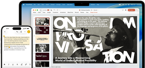 iPhone 16 Plus, kurā Notes aplikācijā ir izcelts teksts, MacBook Air ar atvērtu Keynote slaidu, teksts no Notes aplikācijas ir redzams slaidā