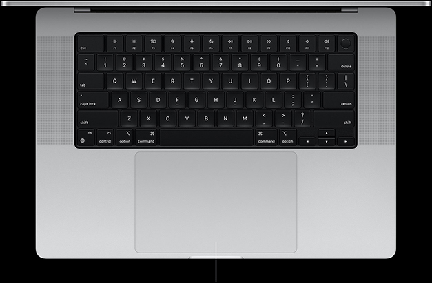 Skats no augšas uz atvērtu 16 collu MacBook Pro ar Force Touch skārienpaliktni zem tastatūras