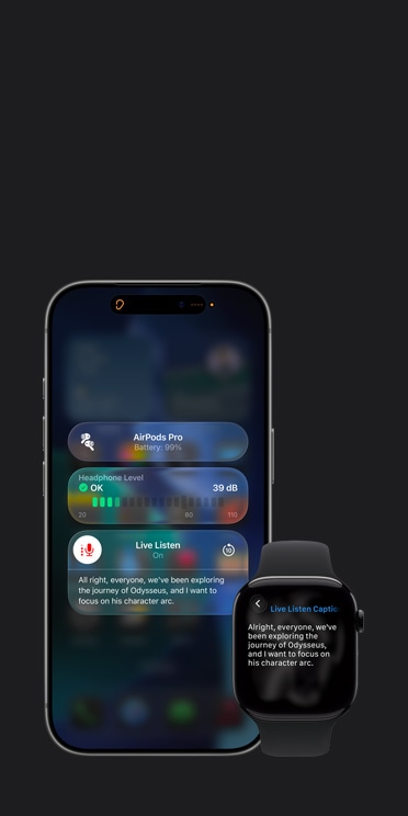 iPhone 17 Pro screen showing active Live Listen session with caption for captured audio and Apple Watch Series 11 screen showing Live Captions of the same captured audio