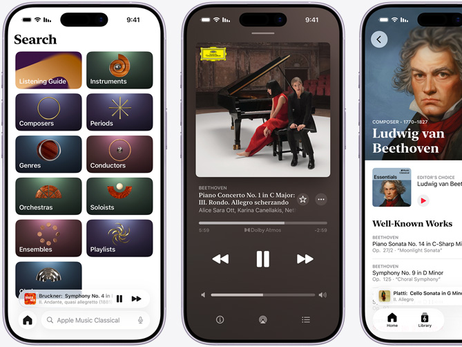 جهاز iPhone إلى اليسار يعرض علامة تبويب Apple&nbsp;Music&nbsp;Classical&nbsp;Browse مع اختيار علامة تبويب Catalog مع المؤلفين الموسيقين والفترات الزمنية والأنواع والقادة الموسيقين وفرق الأوركسترا والعازفين المنفردين والفرق الموسيقية وفئات الجوقات: جهاز iPhone في المنتصف يعرض كونشيرتو البيانو لبيتهوفن، السمفونية الأولى في سلم دو الكبير، تصنيف Op. 15: III. روندو تشغيل مقطوعة Allegro&nbsp;scherzando بتنسيق Dolby&nbsp;Atmos؛ جهاز iPhone إلى اليمين يعرض صفحة الموسيقار Ludwig&nbsp;van&nbsp;Beethoven‏