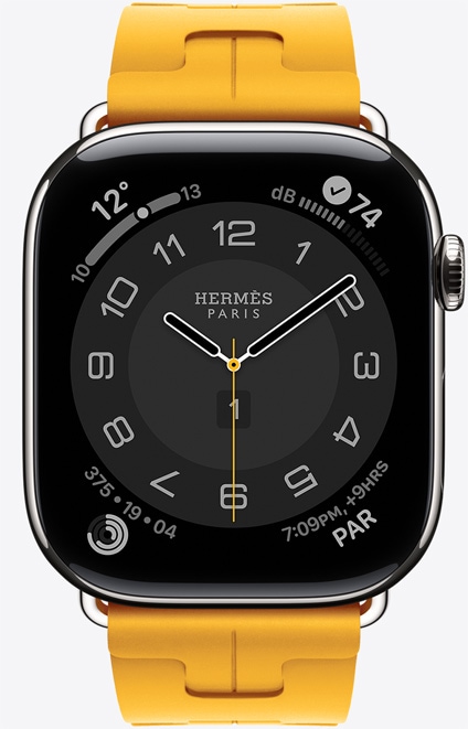 ساعة Apple&nbsp;Watch&nbsp;Hermès&nbsp;Series&nbsp;11، واجهة الساعة Circulaire (عقارب االساعة والدقيقة والثانية، شعار Hermès&nbsp;Paris، الإضافات: الطقس، حلقات النشاط، الوقت في باريس، مؤشر الأشعة فوق البنفسجية)، إطار تيتانيوم، لون فضي، الجانب الخارجي الأيمن، التاج الرقمي، مع حزام Kilim&nbsp;Single&nbsp;Tour، لون jaune (أصفر كناري)، مطاط الفلوروكربون