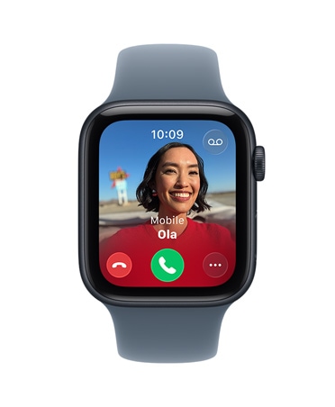 Apple Watch SE 3, aluminum case, midnight color, incoming call, contact photo, accept and decline call buttons, right side exterior, Digital Crown, Sport Band, anchor blue color