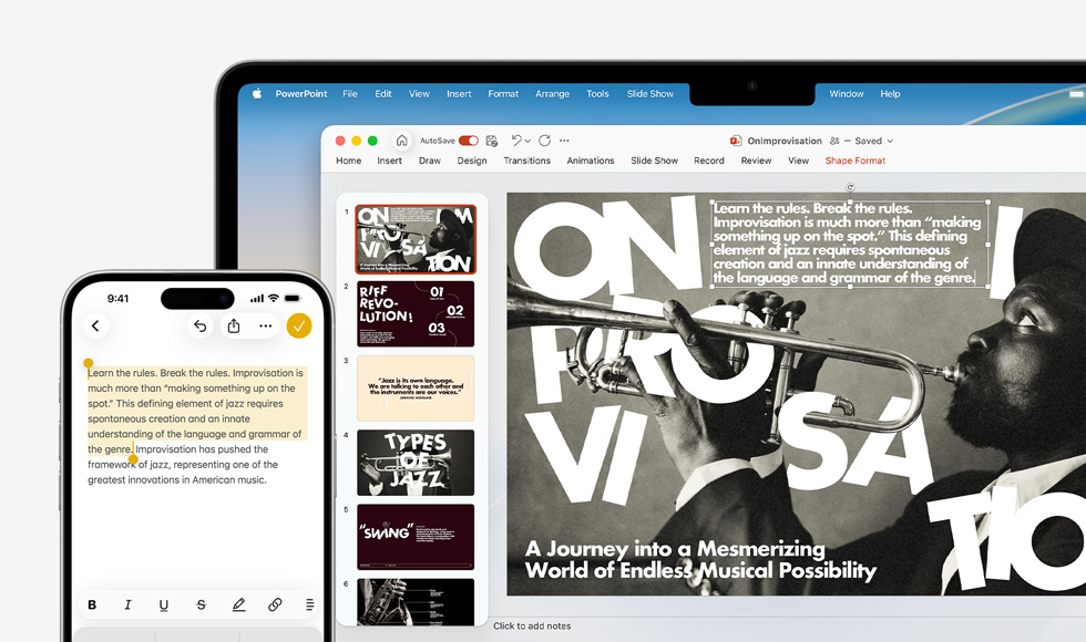 iPhone 16 Plus with text highlighted in the Notes app, Macbook Air with a Keynote slide open, text from Notes app is visible on the slide